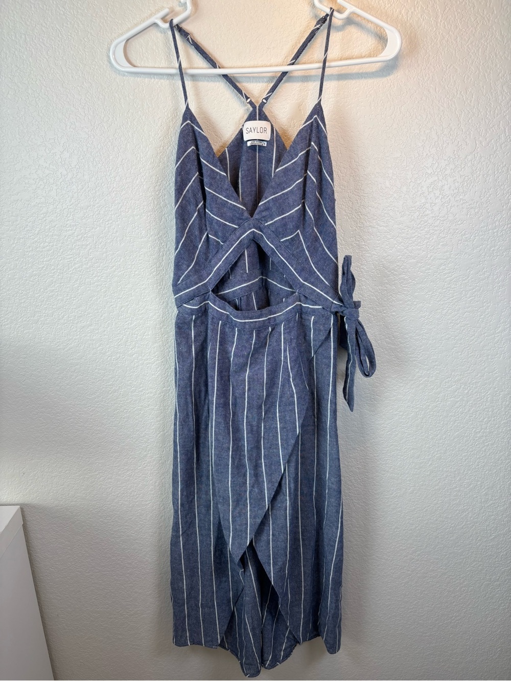 SAYLOR Blue Striped Cotton Dress V-Neck Faux-Wrap Cut-Out Side-Tie - S